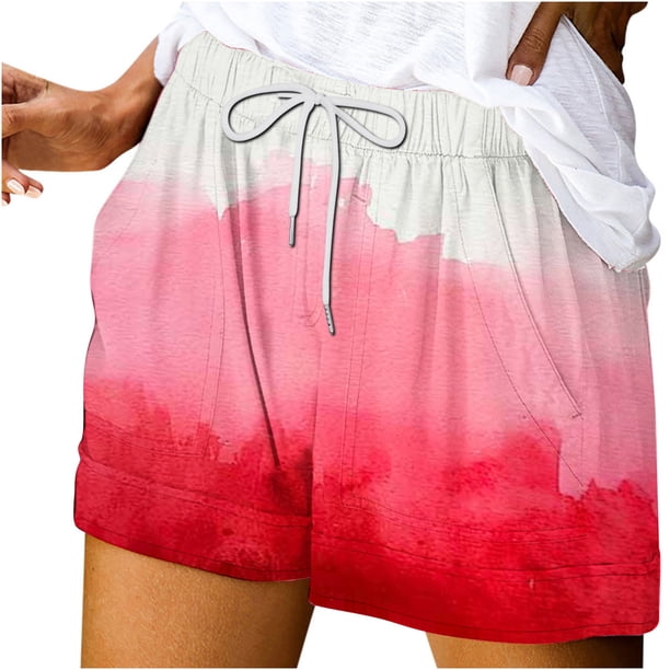 Pantalones Cortos Sueltos para Mujeres de Verano Impreso Encaje Hasta Bolsillo Elástico Pantalones Cortos Casuales Poliéster, Moda Pantalones Cortos de Verano para Uso Diario Y de Ocio