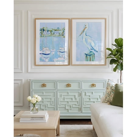 Vintage Coastal Pelican Charleston Harbor Blue Grandmillennial Preppy Bathroom Set 2 Unframed Paper Print