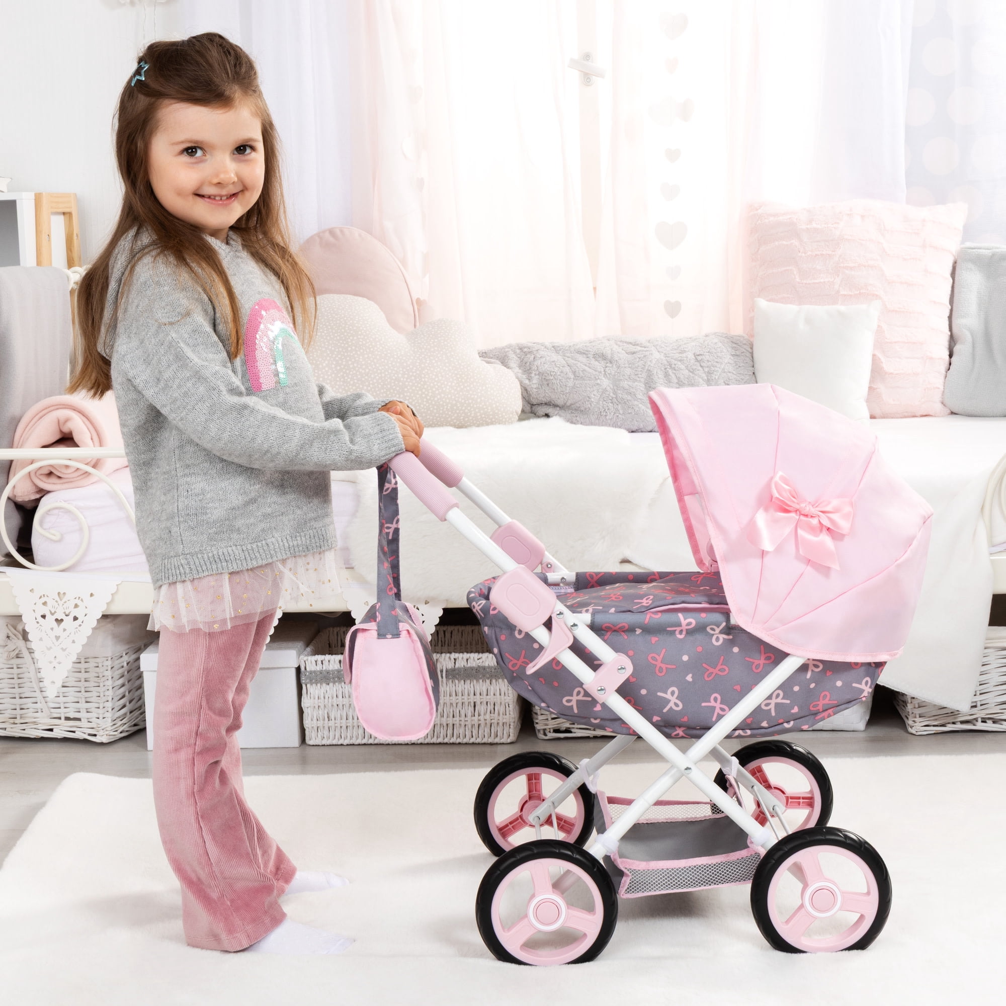 Bayer Design: Doll Pram Cosy - Pink-Grey-Ribbon - Play Push Stroller, Handbag, Blanket & Pillow, Folding, Toy Care Accessory Fits 18" Dolls, Kids 3+