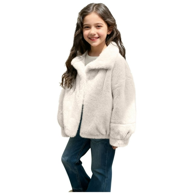 Lovzfmll Girls' Solid Color Faux Fur Coat, Imitation Mink Button Front Padded Jacket, Winter Style for Little Girls, 5-6 Years