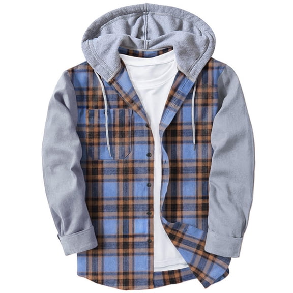 Fozruso Mens Spring And Autumn Plaid Stitching Long Sleeved Casual Hooded Jacket Top