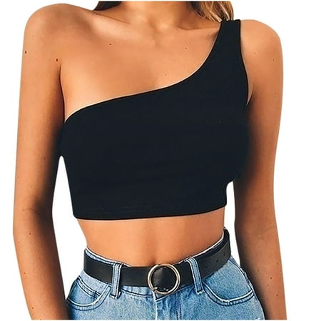 

CYMMPU Women Clothing Women s Sexy Bustier Slim Fit Crop Tops Round Neck Tank Streetwear Cropped Tank Summer Shirts Sleeveless Cami Solid Black
