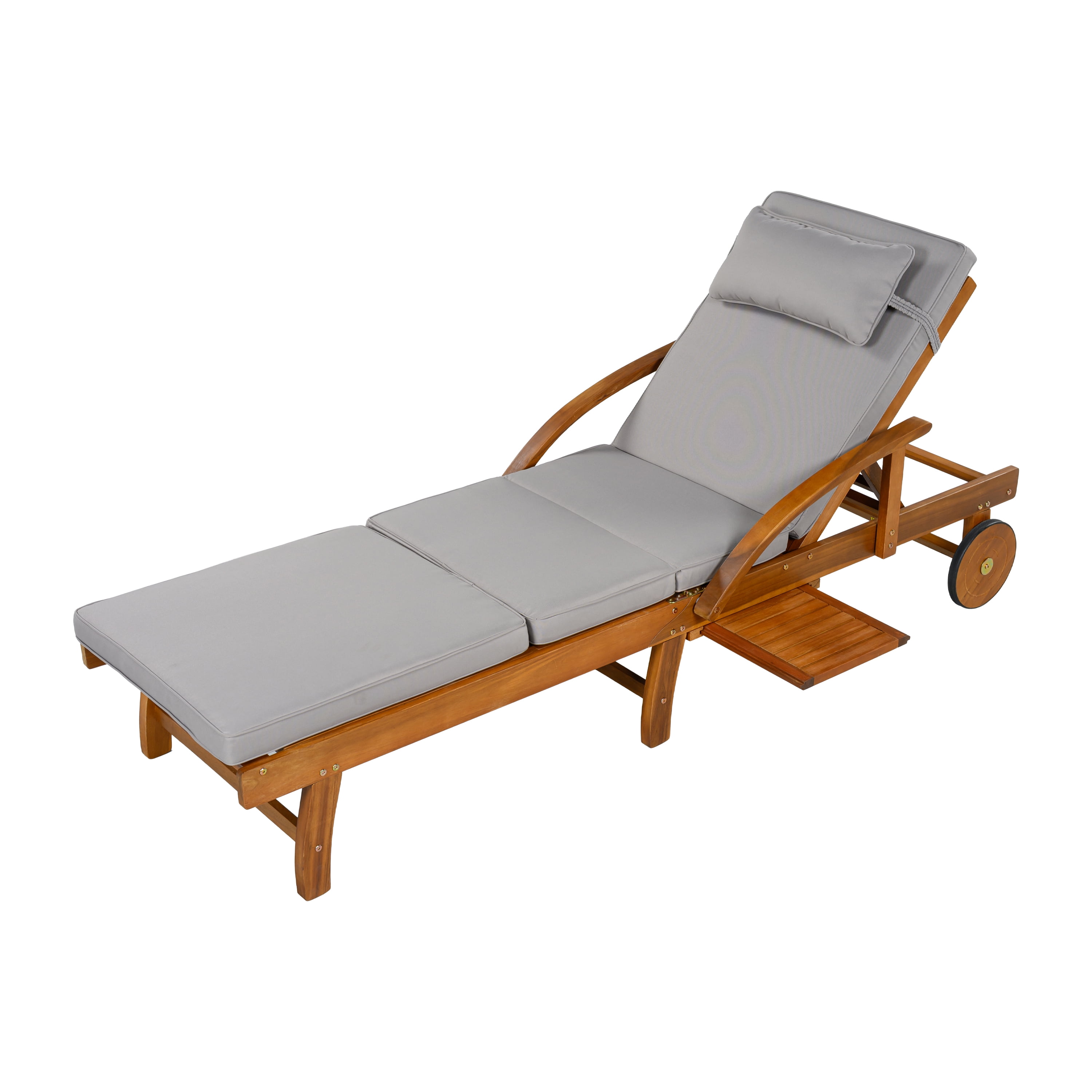Adjustable Cushioned Lounge Chair, 77.5 Inch Outdoor Acacia Wood Frame Patio Recliner for Poolside, Brown