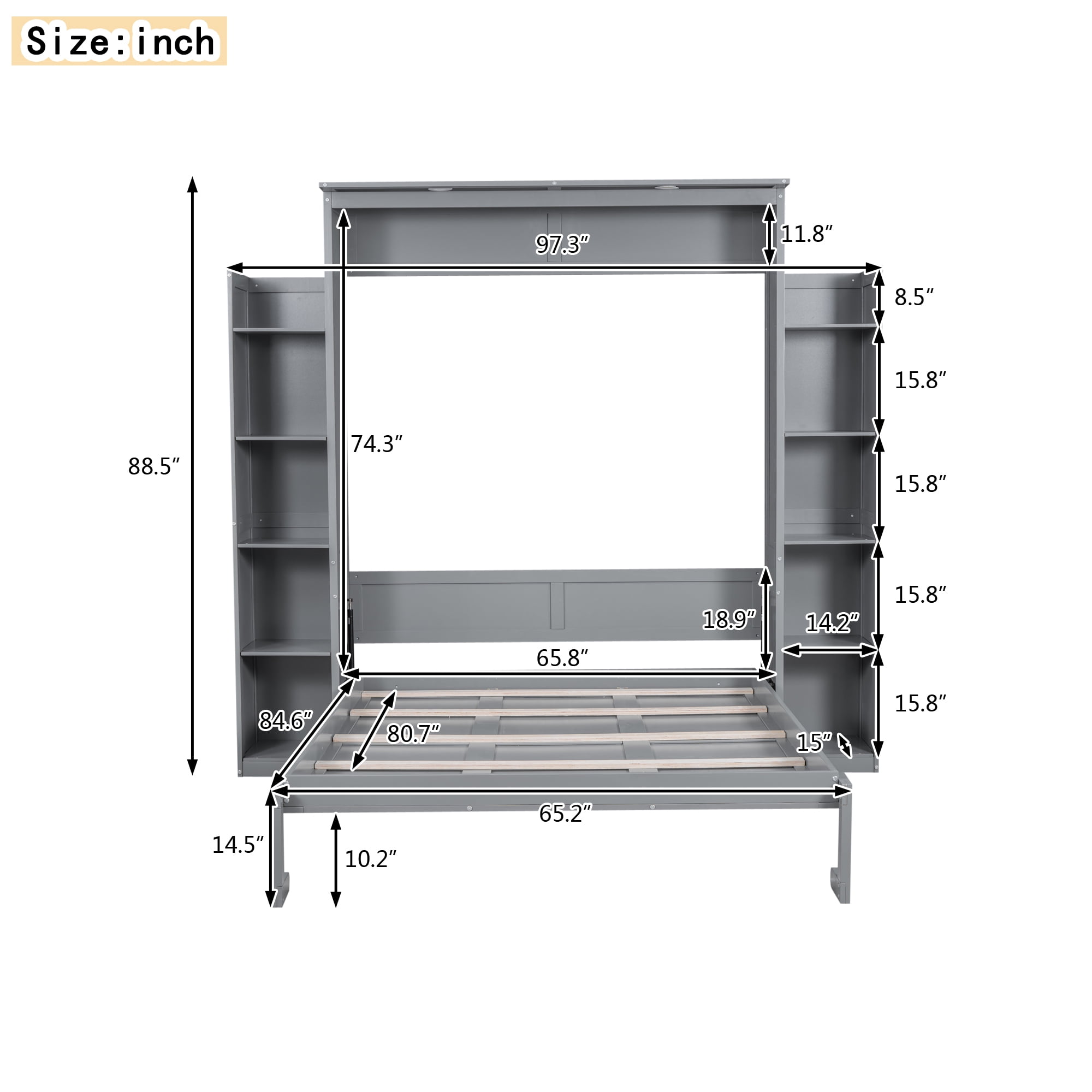 Aukfa Queen Size Murphy Bed with 5-Tier Storage Shelf & LED Lights, Foldable Wall Bed Cabinet with Mattress Support, Space-Saving Design for Guest Room/Home Office, Gray