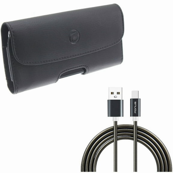 3ft Metal USB Cable w Leather Case Belt Clip for Samsung Galaxy S10 Plus - Type-C Charger Cord Power, Holster Cover Loops N5K