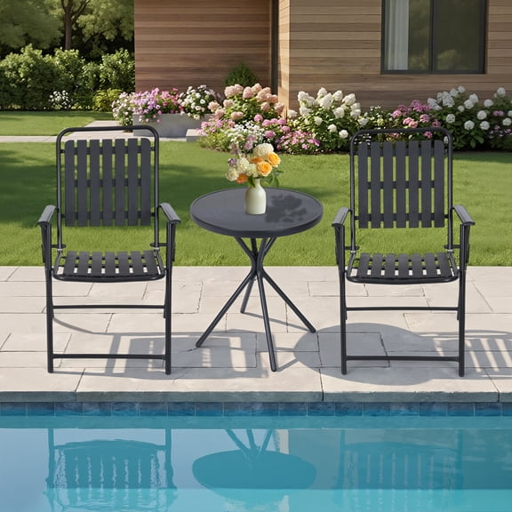 JMYMRY 3-Piece Folding Patio Bistro Set, All Weather Waterproof Rustproof Outdoor Table and Chairs, Space Saving Foldable Patio Furniture for Balcony Deck Yard Garden, Classic Black