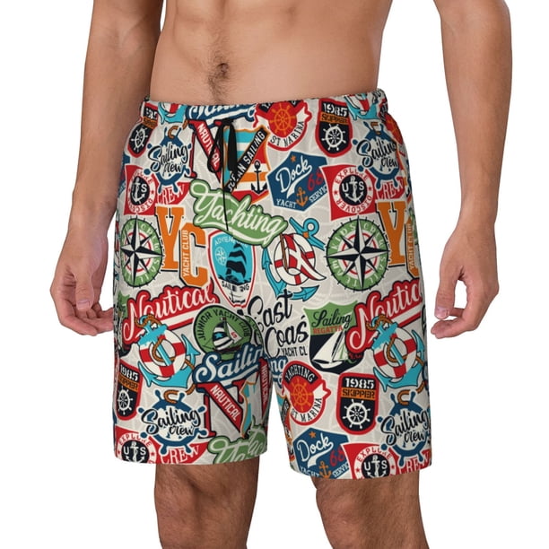 Balery Cute Nautical Bañador para hombre, shorts de playa de secado rápido con entrepierna y forro de compresión-Large