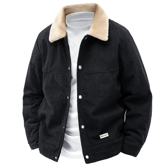Mrmaere Men's Collared Jacket Corduroy Fabric Faux Collar Button-Front Warm Stylish Outerwear for Daily & Casual Black L
