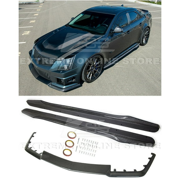 Replacement For 2009-2015 Cadillac CTS-V Models | Carbon Package Style CARBON FIBER Front Bumper Lower Lip Splitter & Side Skirts Rocker Panel Pair