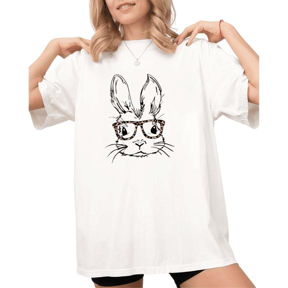 White Bunny Leopard Print Glasses Print Tshirt S-5XL Graphic Tees Shirts Rabbit Lover Summer Tops