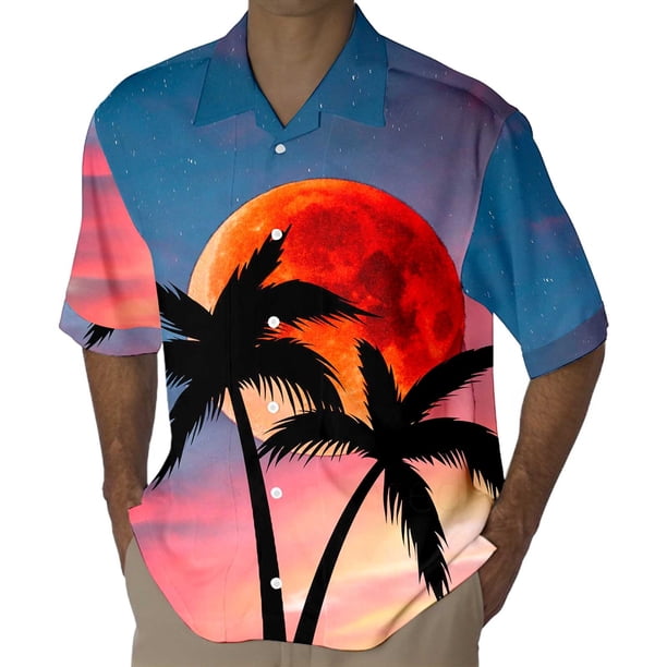 Camisas Negras Para Hombre Camisa de estilo casual de manga corta para hombre Camisa de solapa con botones con estampado 3D de puesta de sol de junto al mar Cárdigan de manga corta (Orange, XL)