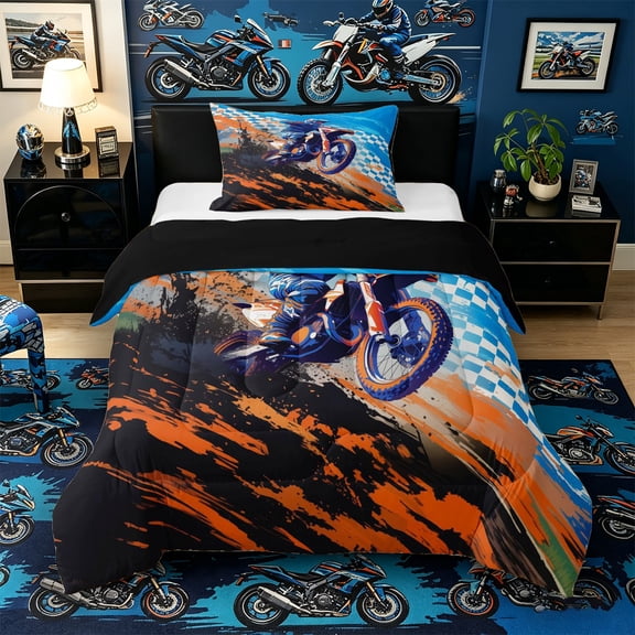 Castle Fairy Motocross Style Dirt Bike Twin Comforter Sets 3-Piece for Boys, Checkered Flag Art Bedding Set for Bedroom, Orange Blue,Black Reversible