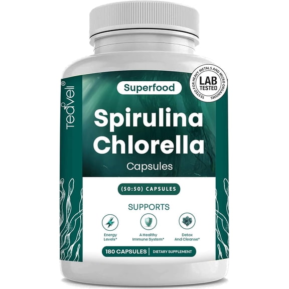 Organic Spirulina and Chlorella Capsules – 180 Blue Green Algae & Chlorophyll Capsules