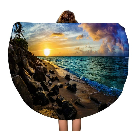 NUDECOR 60 inch Round Beach Towel Blanket Vacation Beautiful Hawaiian Sunset North Shore of Oahu Aloha Travel Circle Circular Towels Mat Tapestry Beach Throw