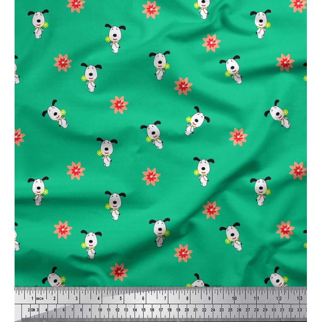 Soimoi Silk Fabric Floral & Dog Cartoon Fabric Prints by Yard 42 Inch Wide
