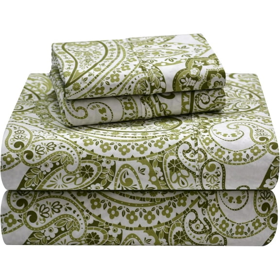 Pointehaven 100% Cotton Percale Sheets - Printed Bed Sheet & Pillowcase Sets - Soft Cotton Bed Sheets Set - Fits Mattress 18 inches Deep Pocket (Sage, Queen)