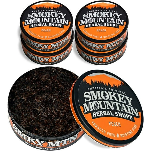 Smokey Mountain Herbal Long Cut – Peach – 5 Can Box - Tobacco-Free and Nicotine-Free Snuff