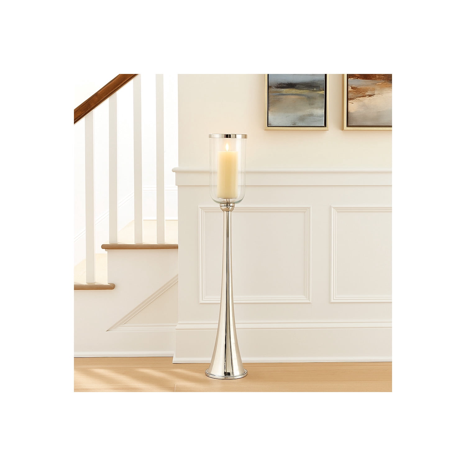Elegant Glass Hurricane Candle Holder for Home Decor - Decorative Tall Pillar Candlestick Holder for Table Centerpieces - Stylish Living Room Decor, Entryway, and Hallway Accent - 43", Silver