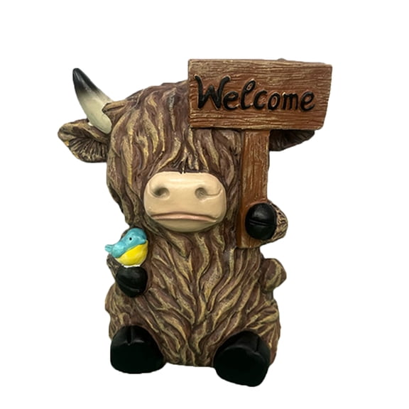 Highland Cow Welcome Sign Resin Figurine with Bird Decorative Sculpture for Home Garden Entryway Desk Display