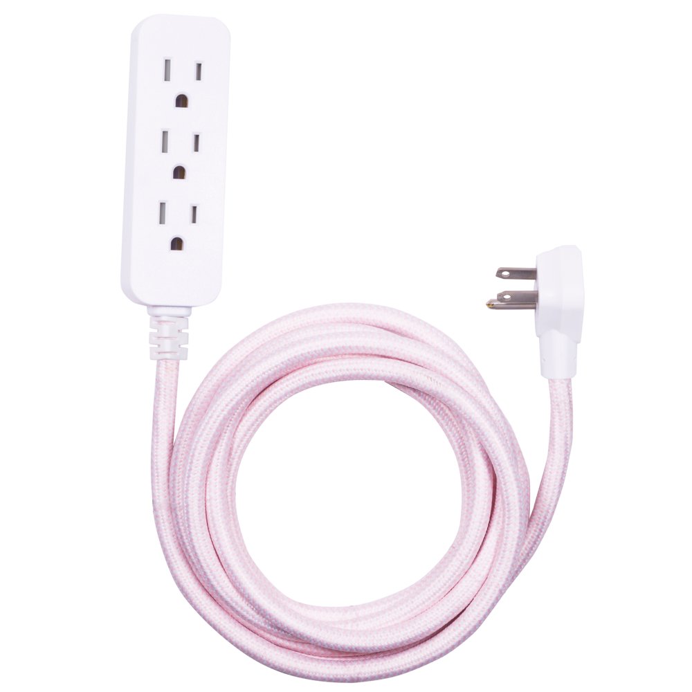Cordinate 3 Outlet Extension Cord, 10 ft Braided Cable, Pink/White