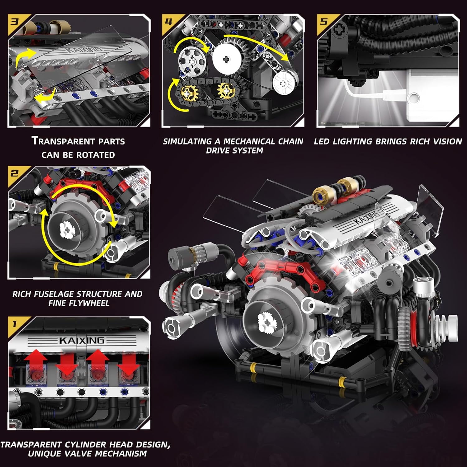 GZBricker V8 Engine Building Sets With Motor LED Light APP Control Compatible with Lego Technical Car Part Electrically Driven Model for Adults Boys 14+ 662PCS
