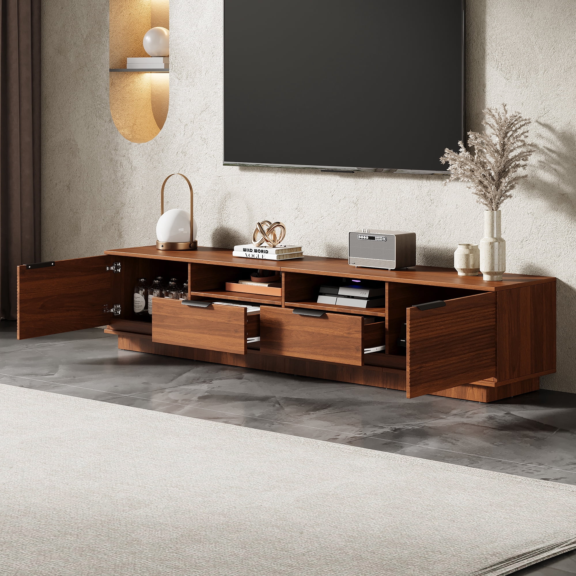TV Stand for TVs up to 85 Inch, Entertainment Center with Wave-Pattern Doors & 2 Deep Drawers, Media Console with Soft-Close Hinges for Living Room