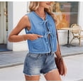 thumbnail image 6 of Women Tie Front Denim Tank Tops Spring Summer Casual Crew Neck Sleeveless Shirts Ruffle Vest Tops Light Blue L, 6 of 7
