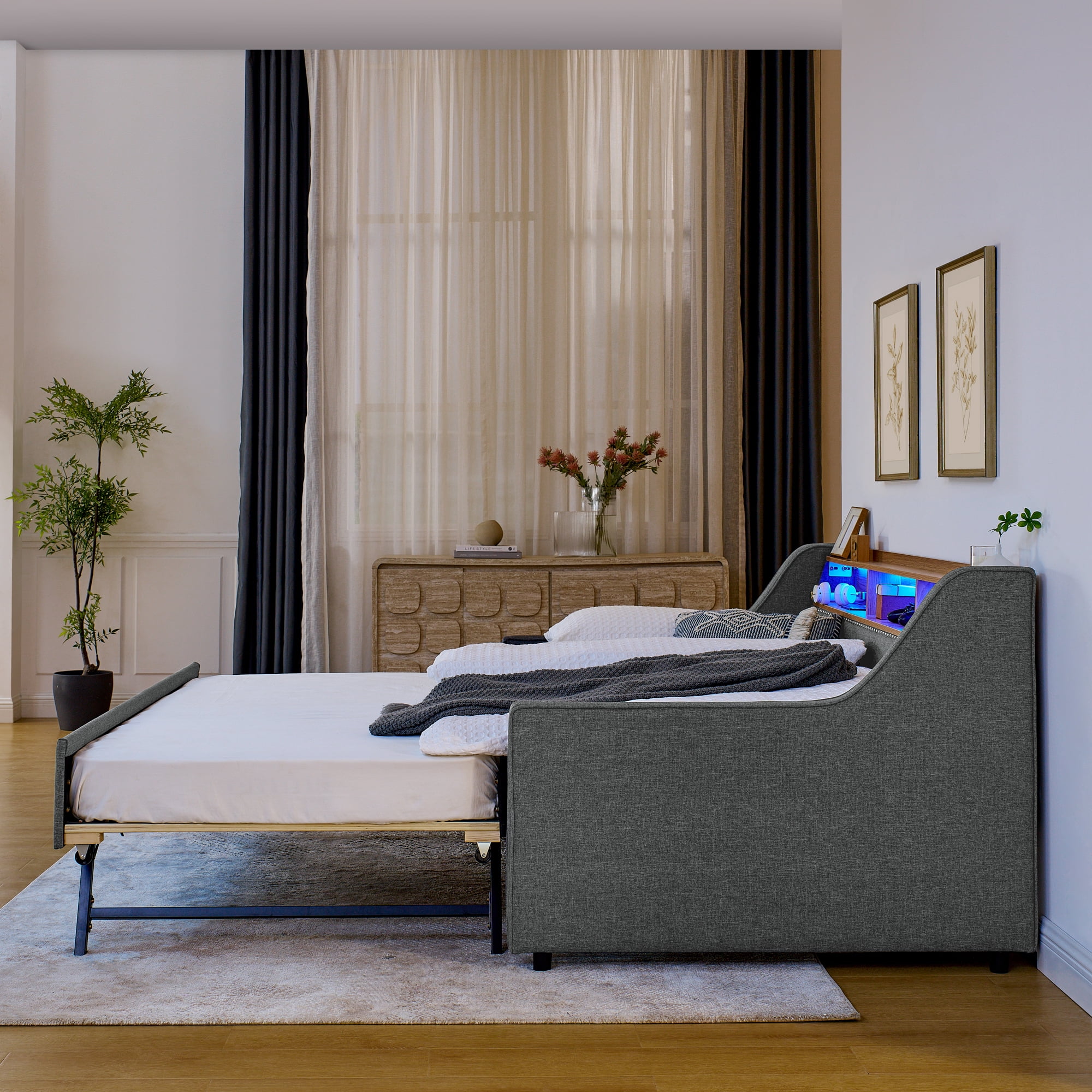 Leumius Twin Size Upholstered Daybed with Trundle,Comfy Sofa Bed with LED Lights,Wireless Charging,Storage Adjustable Headboard,Gray