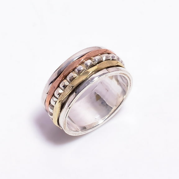 SATYAVIE JEWELLERY 925 Sterling Silver Ring for Women, Silver Meditation Ring, Spinner Ring Size US 6, Three-Tone Ring