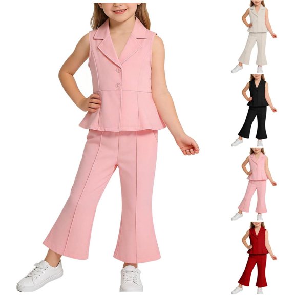 Bxsruta Girls Outfit Sets Sleeveless Lapel Vest Peplum Tops Flared Pants Kids Formal Party Suit