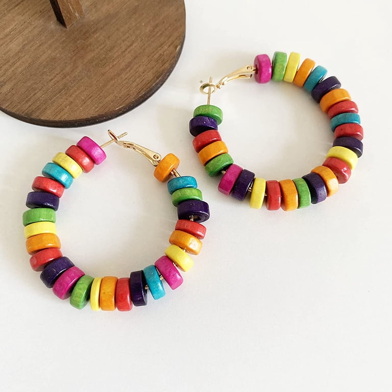 Vintage Wooden Beaded Hoop Earrings – Colorful Bohemian Circle Dangle Earrings For Women