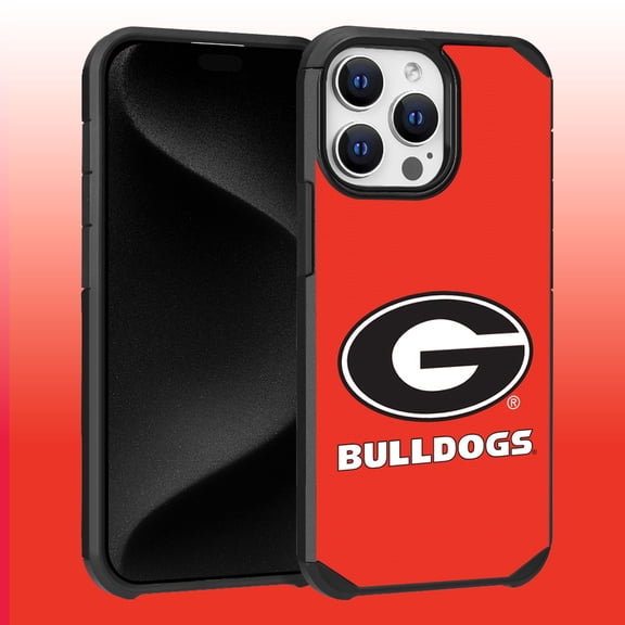 Apple iPhone 15 Pro Max (6.7) - Licensed NCAA University of Georgia Bulldogs Logo on Orange Textured Dual Layer Case