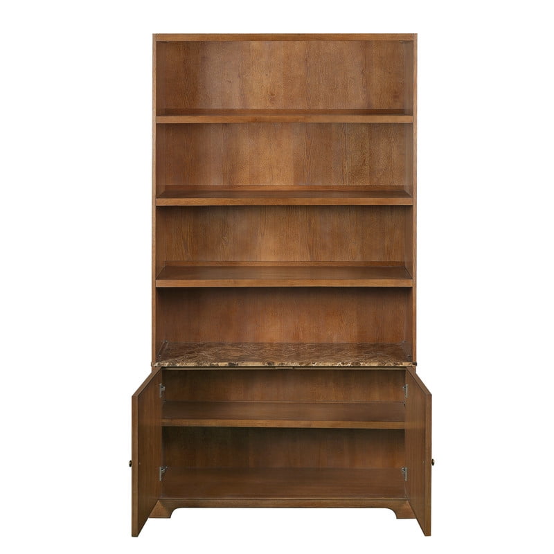 91" Tall Storage Cabinet with Faux Marble Tabletop, Freestanding Bookcase with Fluted Doors, Wooden Display Bookshelf Office Hutch