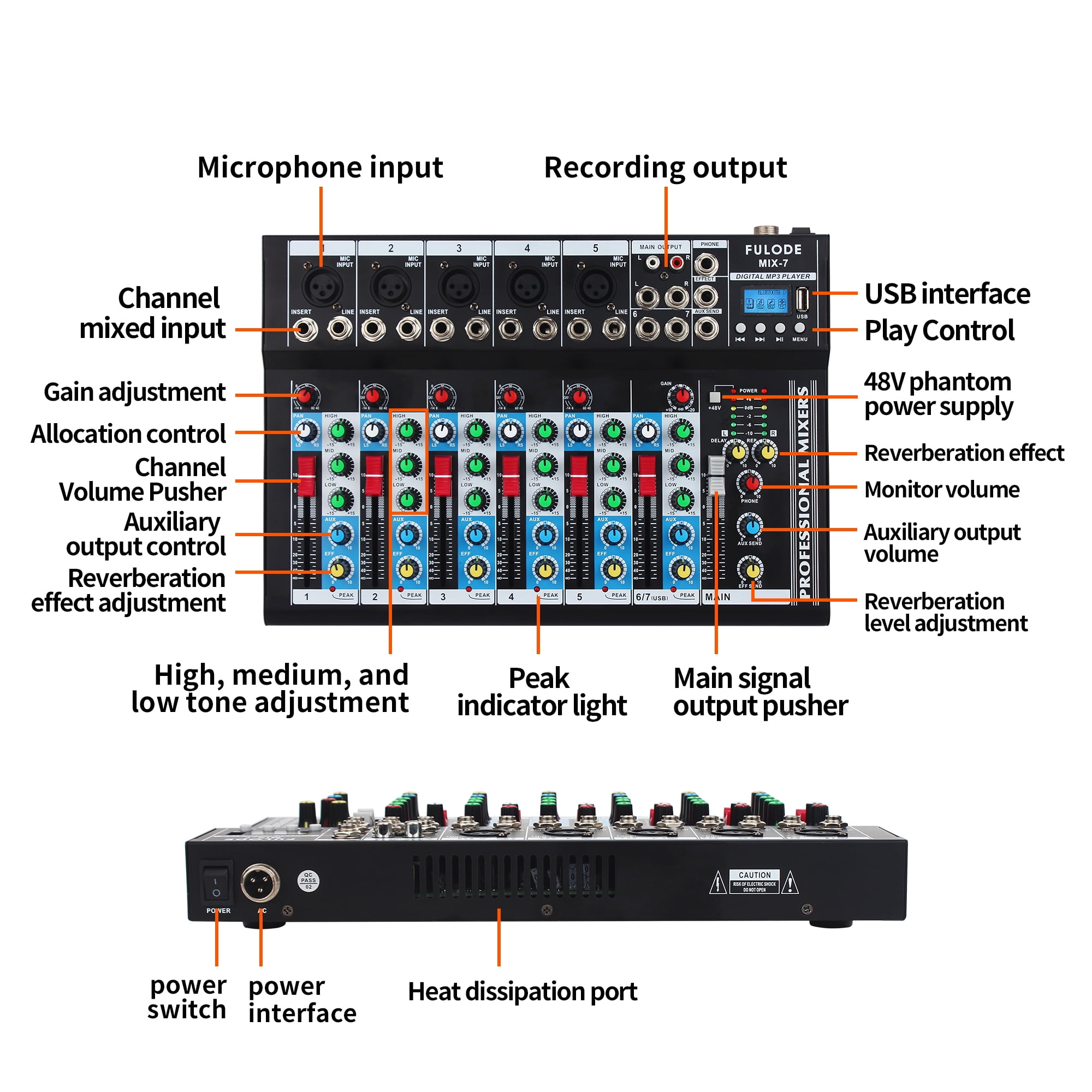 FULODE 7-Channel Audio Mixer USB Bluetooth MP3 Computer Input 48V Phantom Power DJ Controller Audio Mixing Console System
