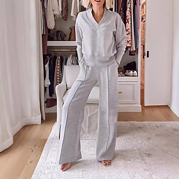 BAETEUY Women's 2-Piece Top & Pants Set - V Neck Long Sleeves Loose Sweatshirt & Elastic Waist Wide Leg Sweatpants - Autumn Casual Tracksuit