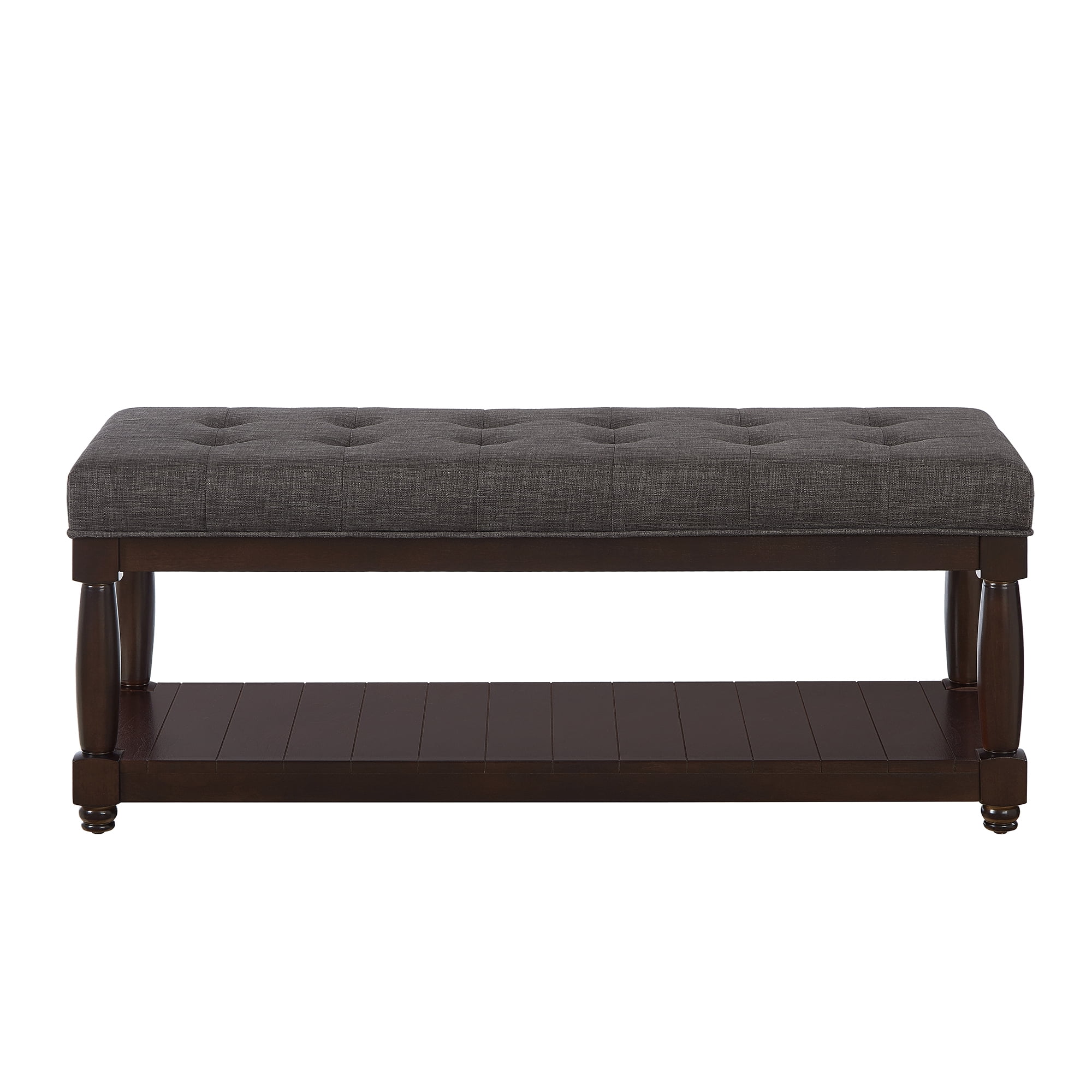 Leumius Upholstered Linen Bench with Storage Shelf, Solid Wood Spindle Legs Accent Furniture Tufted Ottoman Bench for Bedroom Entryway Living Room Dark Gray