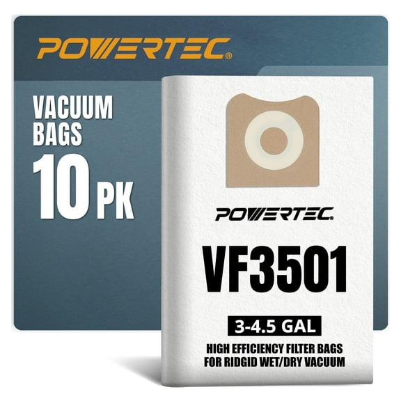 POWERTEC 10PK VF3501 Size C Shop Vac Bags for Ridgid, 3-4.5 Gal. 23738 Vacuum Bags for Ridgid 4000RV, WD40700 Wet Dry Vac, 75017-P2