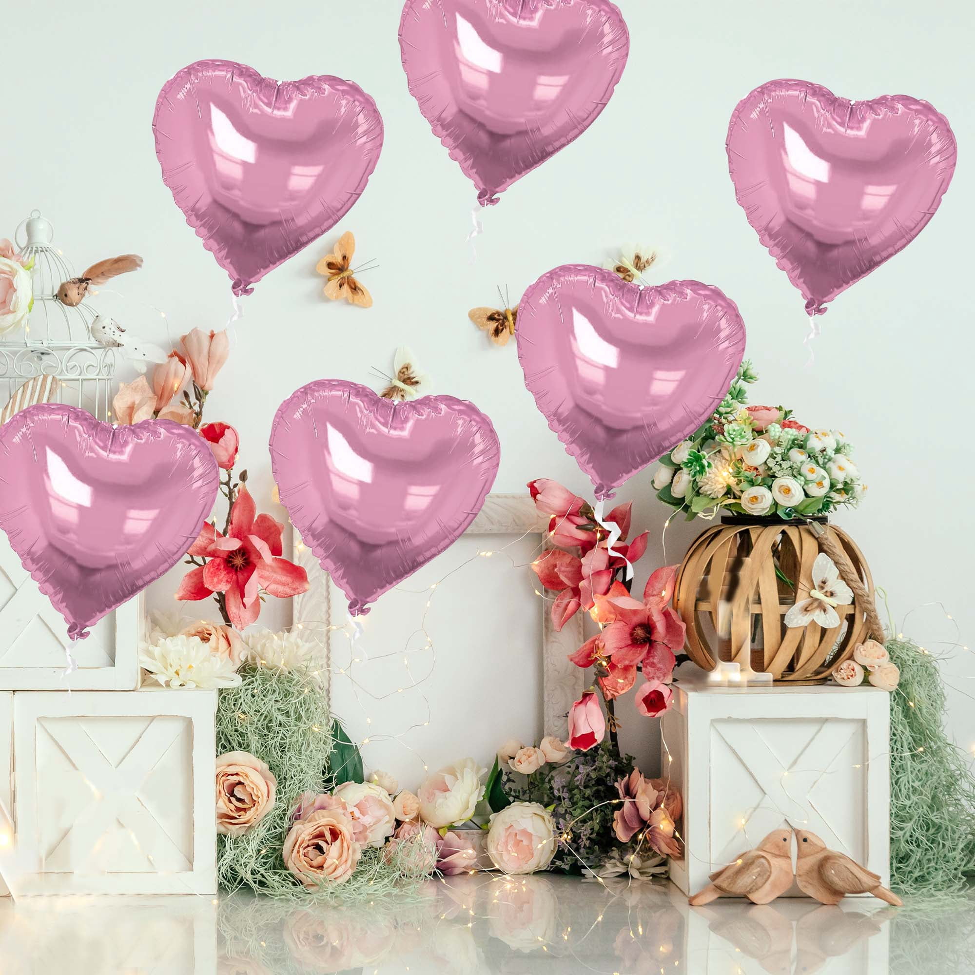 Unique Bargains 10Pcs Helium Balloons with Ribbon Heart Pattern Pink