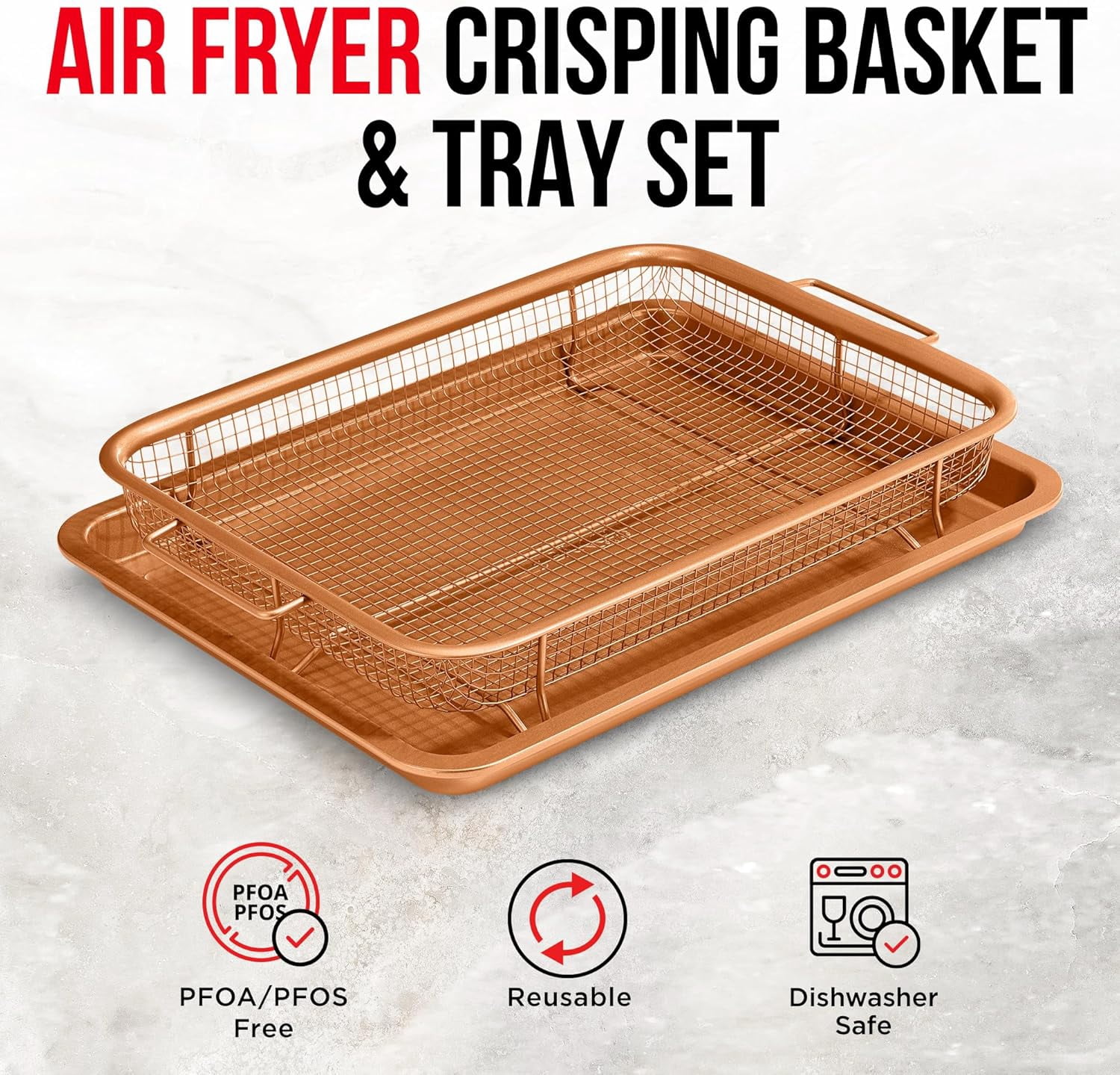 BAKKEN Air Fryer Tray – 2-in-1 Nonstick Crisper Basket with Elevated Mesh for Oven Use, Ceramic Coating, Extra-Large 9.5" x 13", Copper