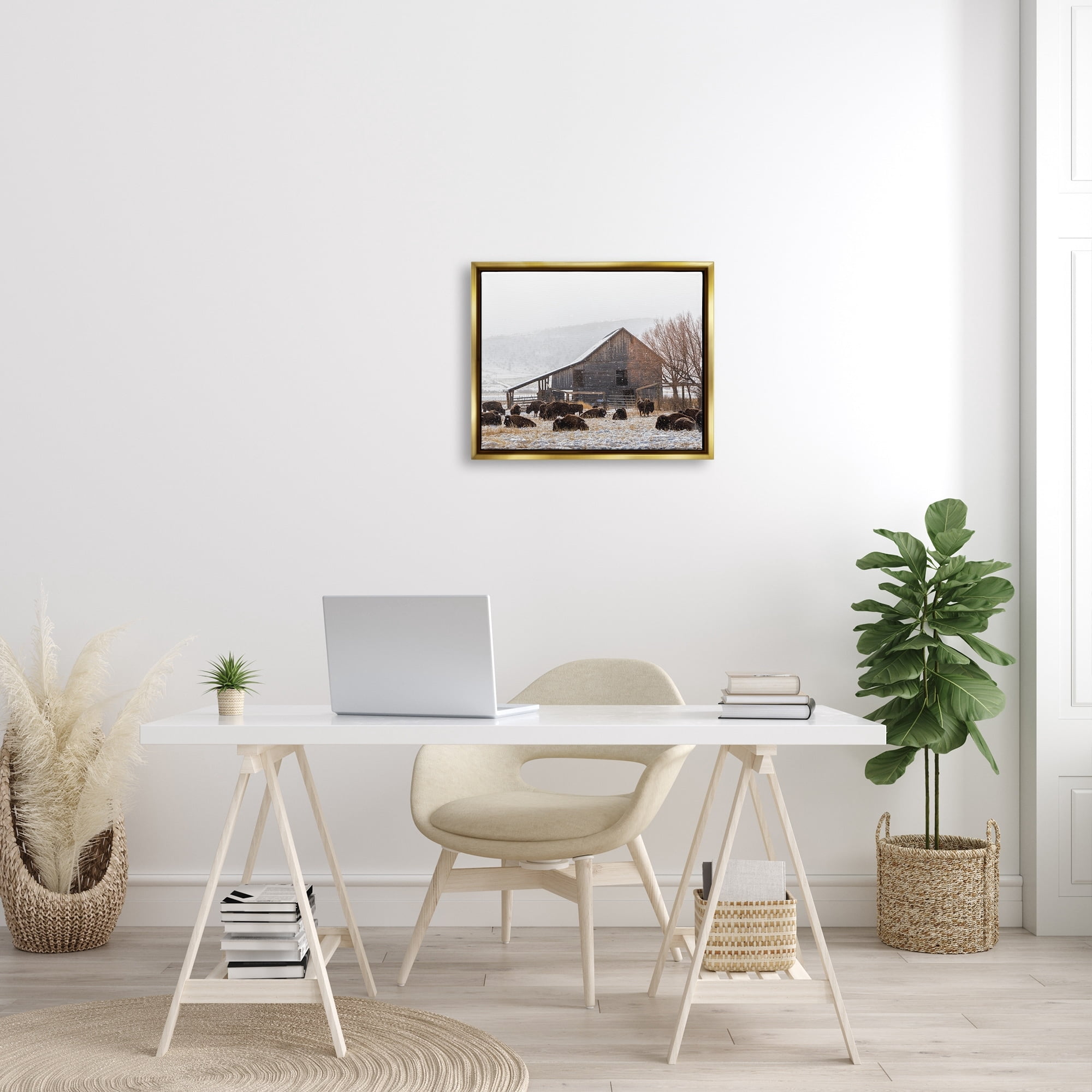 Stupell Industries Snow Dusted Barn Buffalo Bison Rural Farm Photograph Metallic Gold Floating Framed Canvas Print Wall Art, Design by Jeff Poe Photography