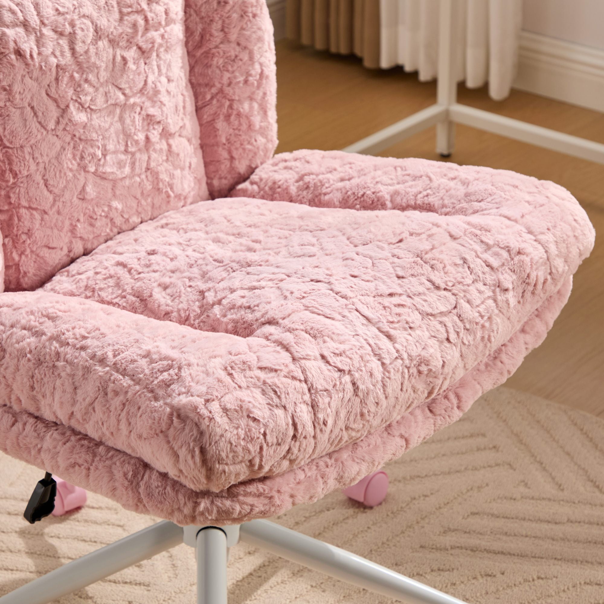 PAPROOS Vanity Chair with Back, 26.4" Wide Armless Home Office Chair with Artificial Rabbit Hair, Metal Base, Adjustable Swivel Ergonomic Desk Chair with Wheels, Computer Task Seating, Pink