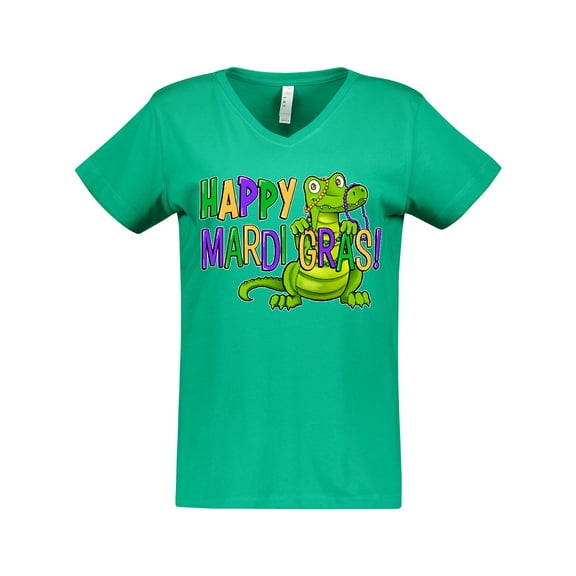 Inktastic Happy Mardi Gras Cute Alligator with Beads Women's V-Neck T-Shirt
