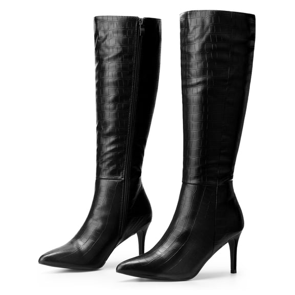 DARING DIVA Women's Stylish Stiletto Heels Knee High Boots with Pointed Toe Black 9.5
