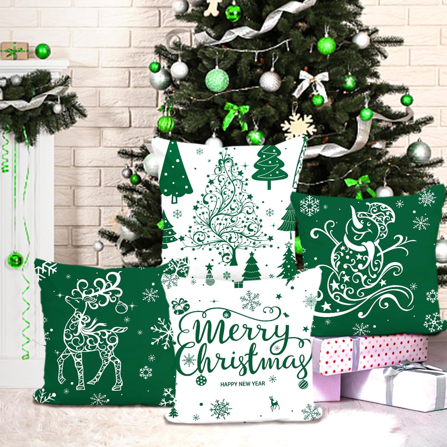 Green Christmas Throw Pillow Covers 20x20 Set of 4 Christmas Decoration Trees Deer Snowman Merry Christmas Decorative Holiday Farmhouse Pillow Covers for Holiday Christmas Decoration