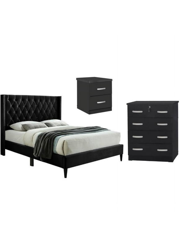 Home Square 3-Piece Set with Tufted Full Bed Dresser with Lock & Nightstand