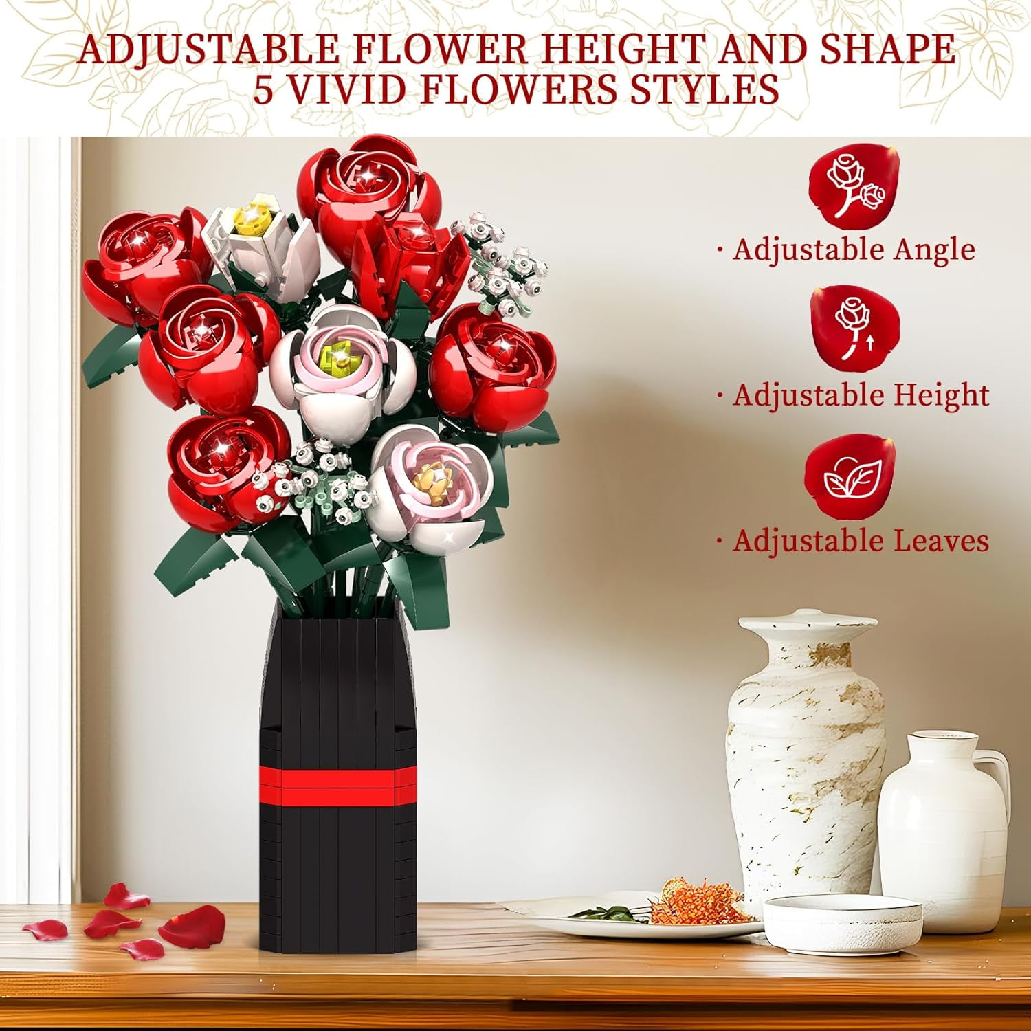 OKKIDY Rose Bouquet Building Kit, 841PCS Faux Rose Plants with Vase, Compatible with Lego, Valentine's Day for Adults and Kids Ages 6+