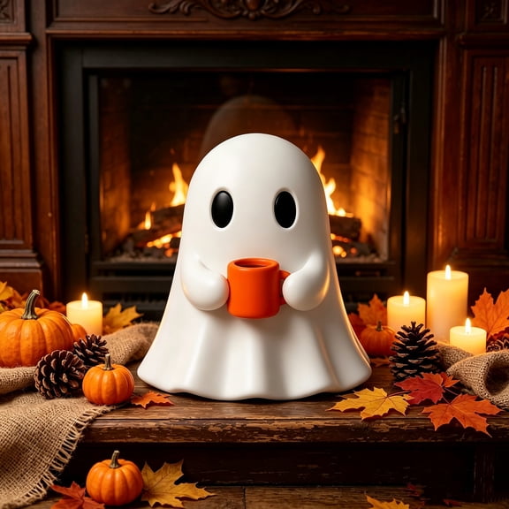 Halloween Ghost Figurine Holding Orange Coffee Mug, Cute Resin Coffee Bar Decor for Kitchen Counter Desk Shelf Mantel Seasonal Home Display Halloween Party Decorations