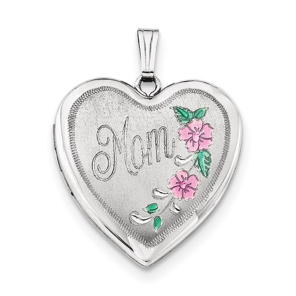 Sterling Silver Rhodium-plated 24mm Enameled Floral Mom Heart Locket QLS328 (30mm x 24mm)