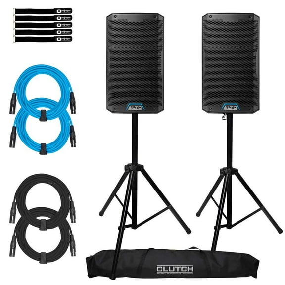 (2) Alto Professional TS408XUS 8" 2-Way Powered Speakers with Tripod Speaker Stands Package