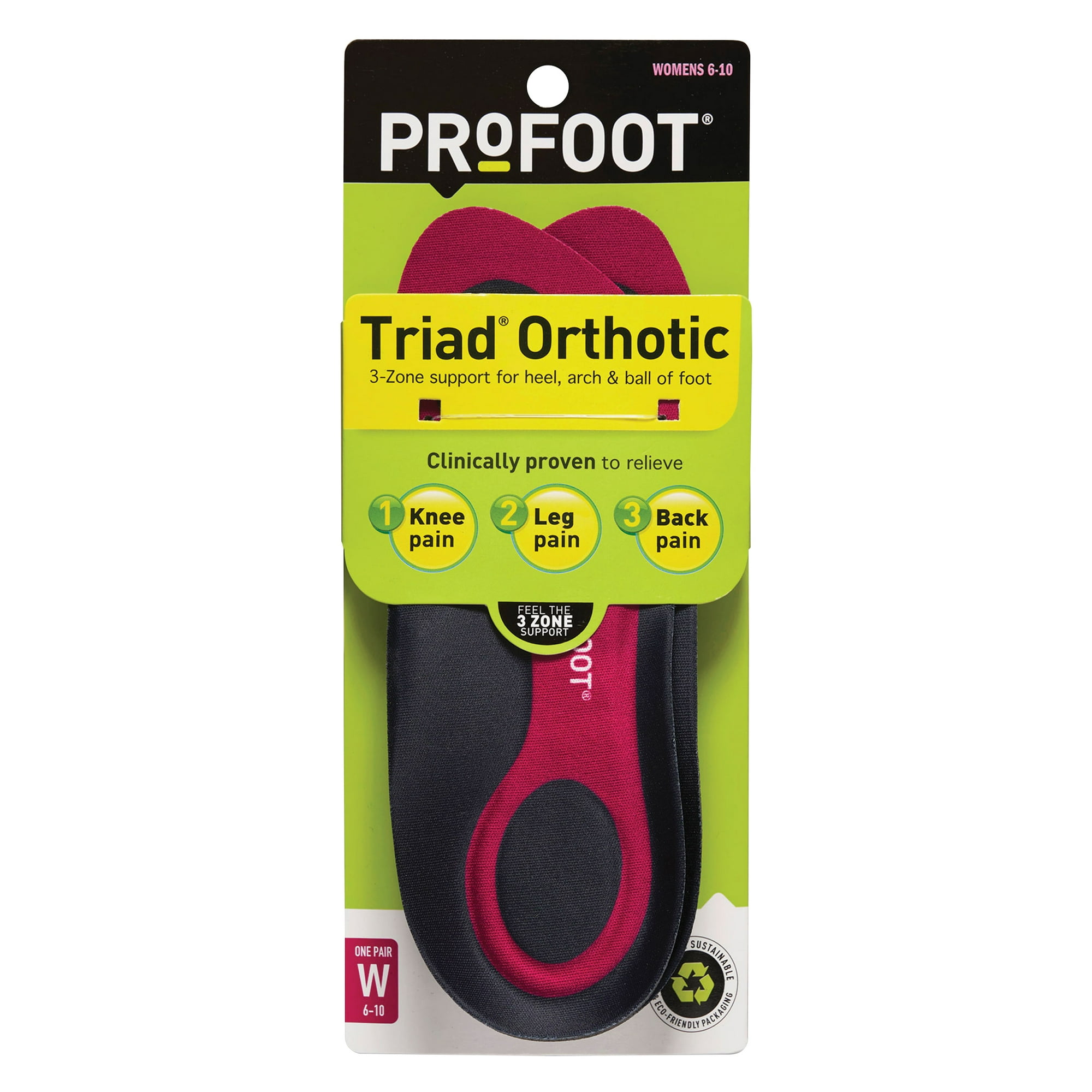 PROFOOT Triad Orthotic Insoles for Knee, Leg & Back Pain, Women's 6-10, 1 Pair